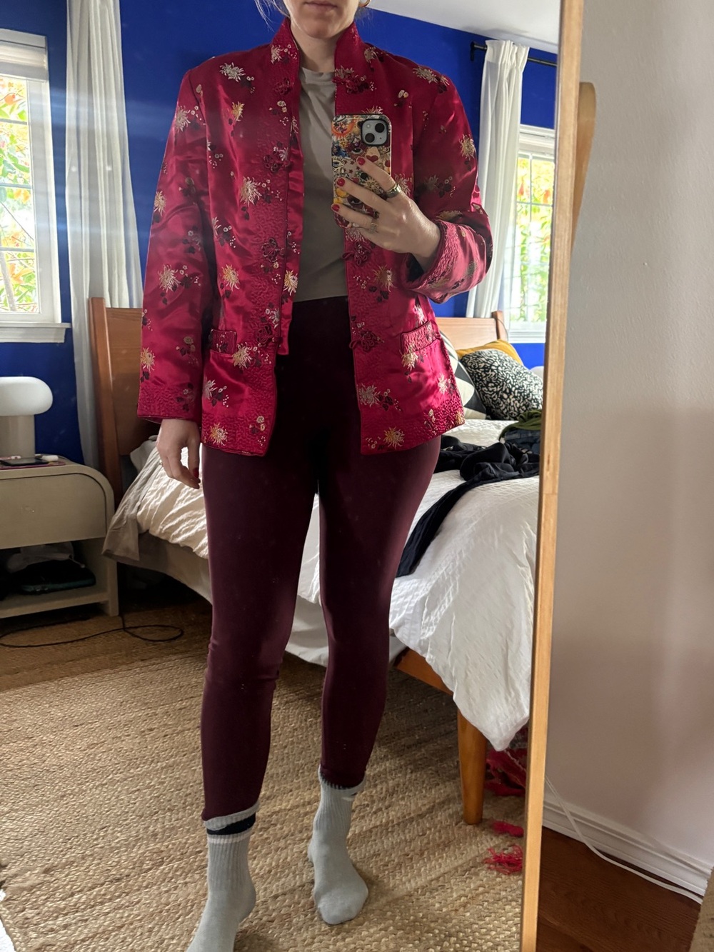 Women’s Asian Inspired Floral-Embroidered Peony Brand Red Jacket Fits Size 6